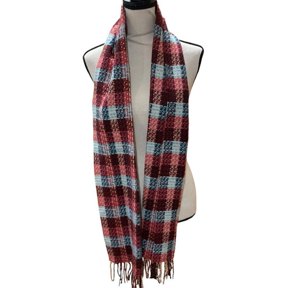 Italy Design Cashmere Scarf Red Pink Pastel Blue Checks  w/ Fringe 74”x 8” Women